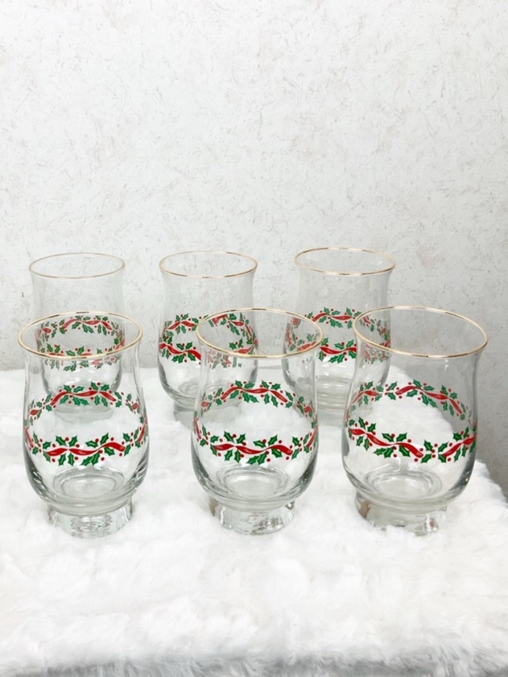 Vintage Libbey 6 Christmas Holly Berry Hurricane Glasses Holiday Party